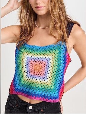 Pistola Crochet Tank Top Navy Blue Pink Green Square Neck Sleeveless Knit